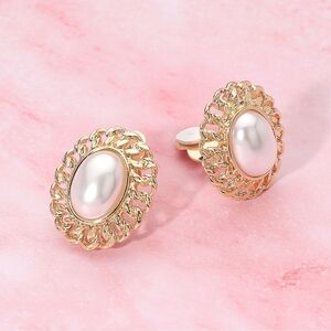 Gold Cream Pearl Stud Clip On Earrings 0.6" Oval Dome Rhinestone Trim ClipOns